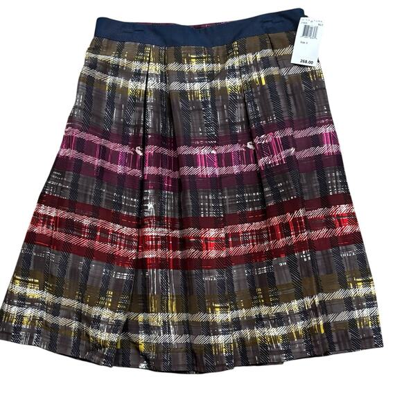 Trina Turk Silk A-Line Box Pleat Knee Length Silk Skirt Watercolor Plaid 4 NEW - Picture 2 of 6